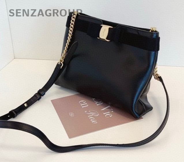 Ferragamo Leather Hobo Bag 2ways Shoulder Crossbody Bag Women Black