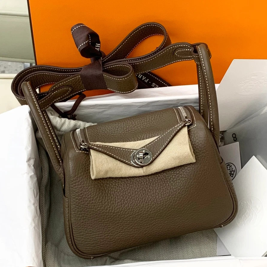 Hermes Lindy Mini Calfskin Top Handle Shoulder Crossbody Bag Gray Silver Women S