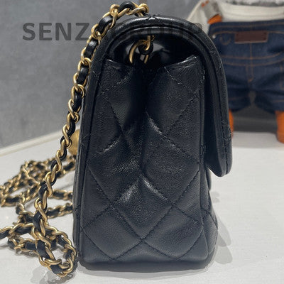 Chanel Classic Black Gold Quilted Mini Square Flap Bag with Ball Chain