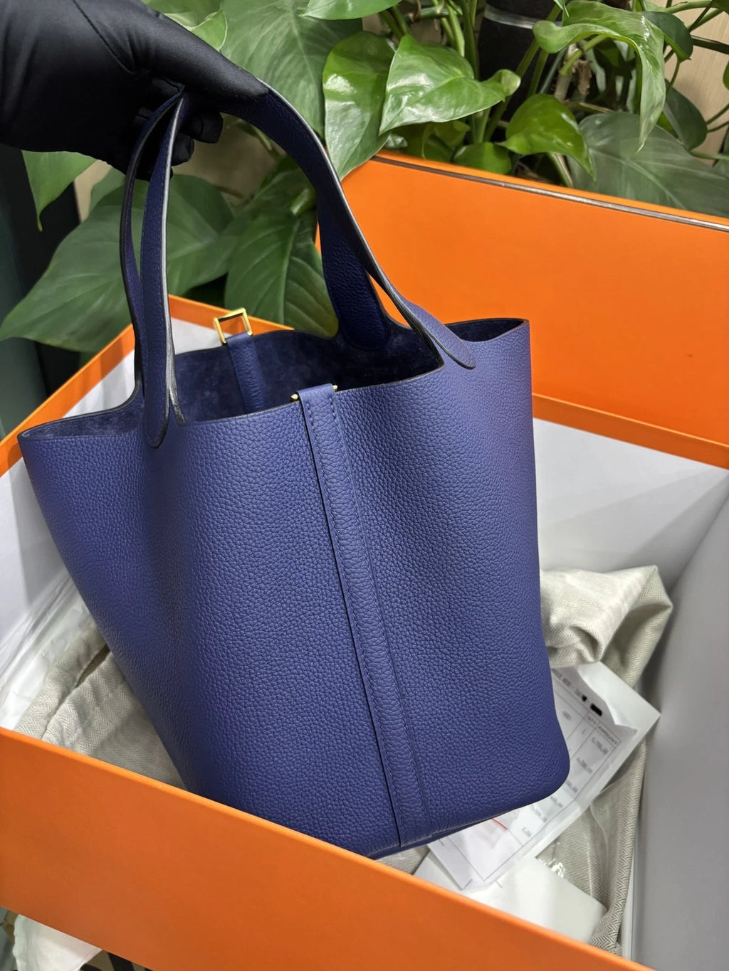 Hermes Picotion22 Bucket Top Handle Bag Blue Gold Used Women Classic