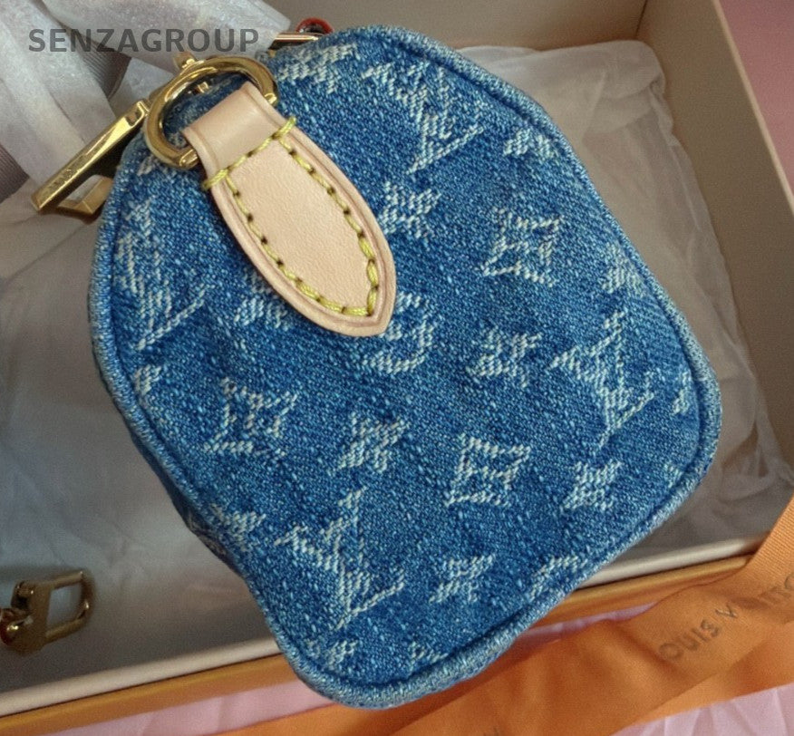 Louis Vuitton Speedy Nano Denim Blue Monogram Top Handle Bag Crossbody Women