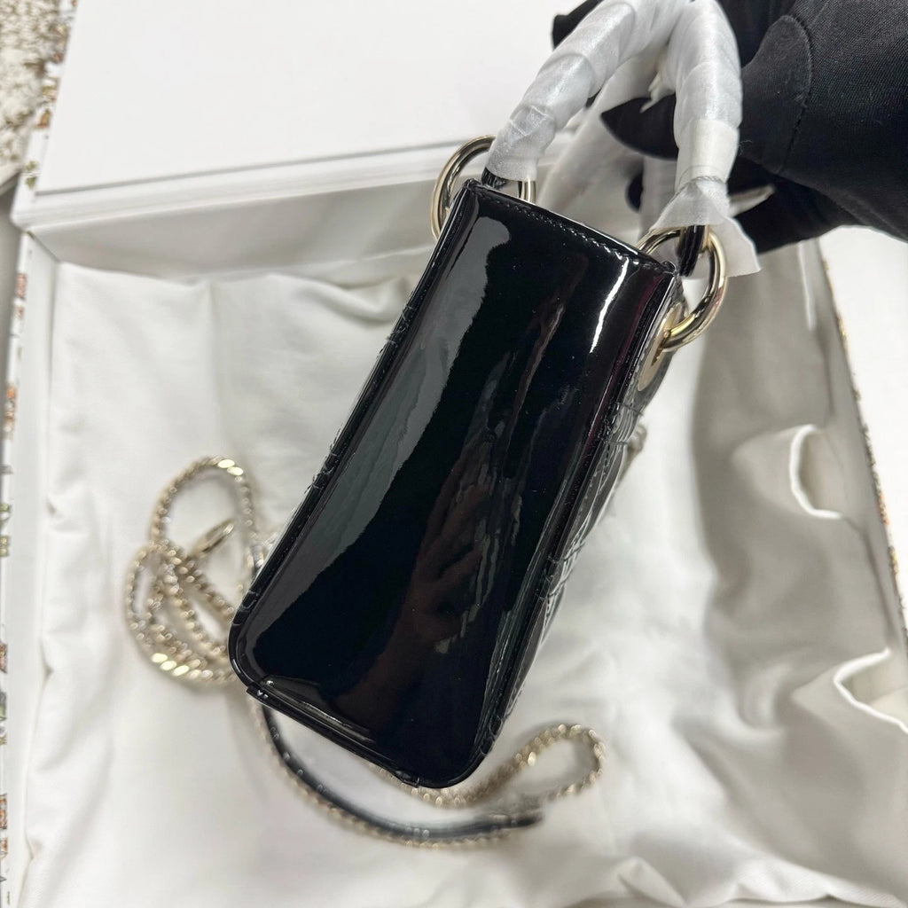 New Dior 3-grid Lady Dior Patent Leather Black Gold Handbag For Women
