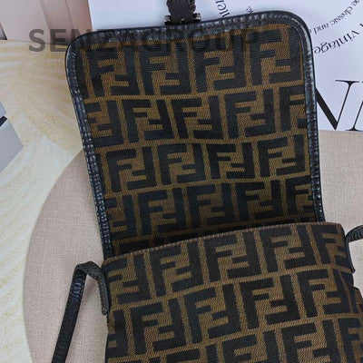 Fendi Vintage Monogram Canvas Flap Shoulder Bag Brown Women Classic