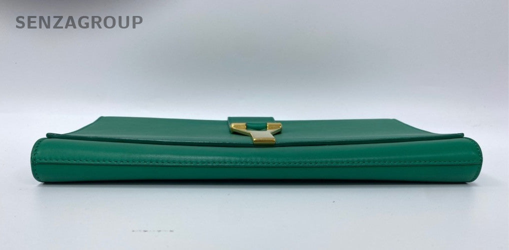 Saint Laurent Calfskin Clutch Green Gold Used Women Classic Designer