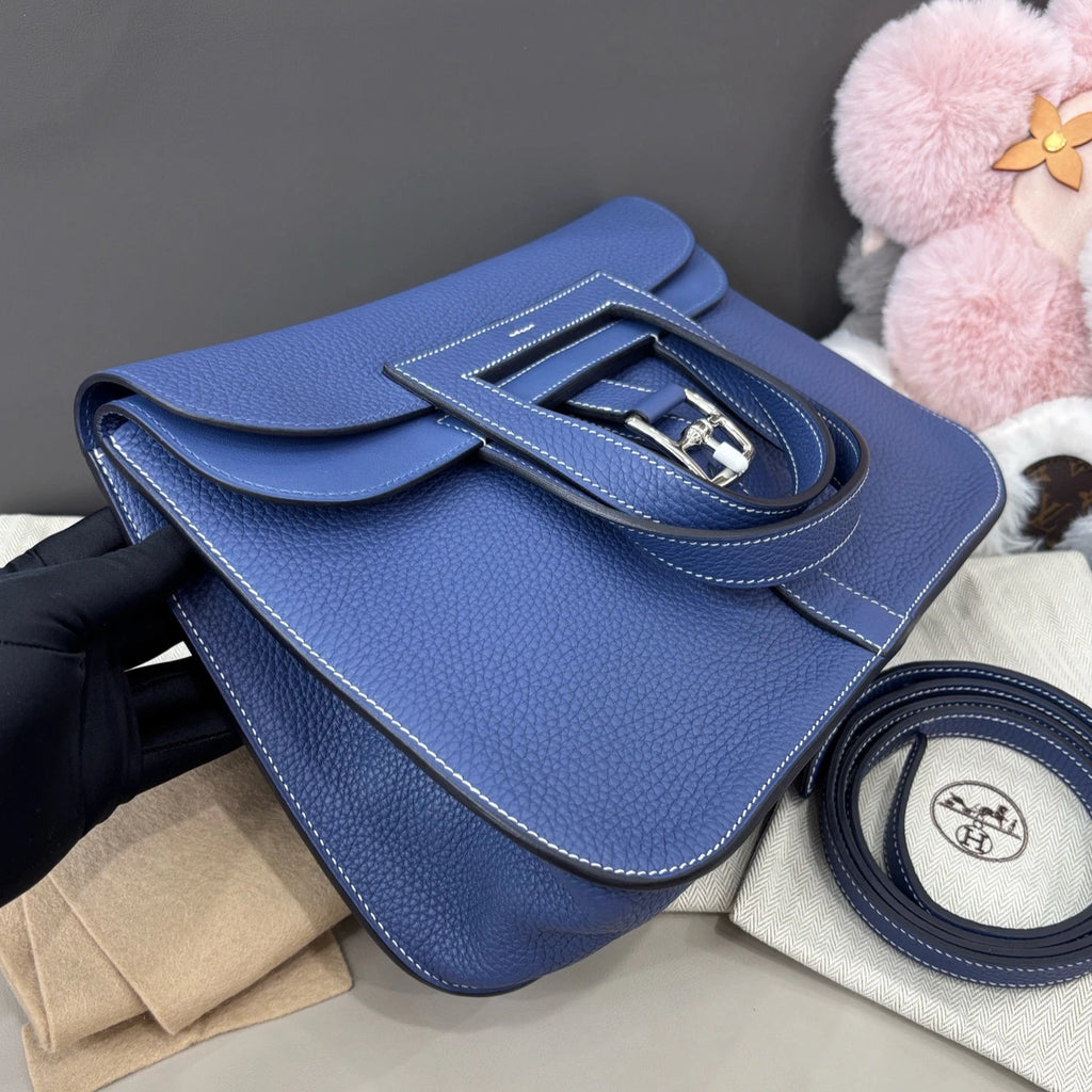 Hermes Halzan31 Top Handle Crossbody Blue Silver Women Classic Fashion