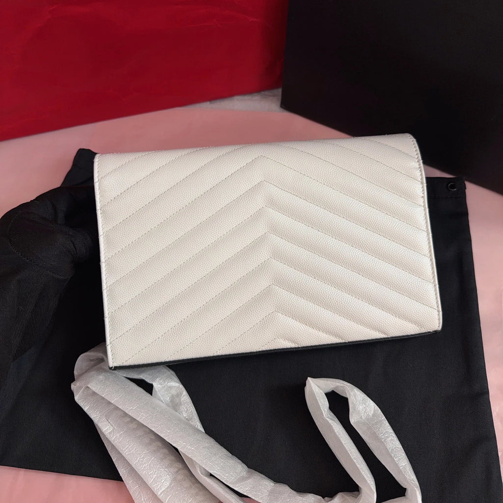 Saint Laurent Envelope MM Calfskin Chain Shoulder Crossbody Black White Women