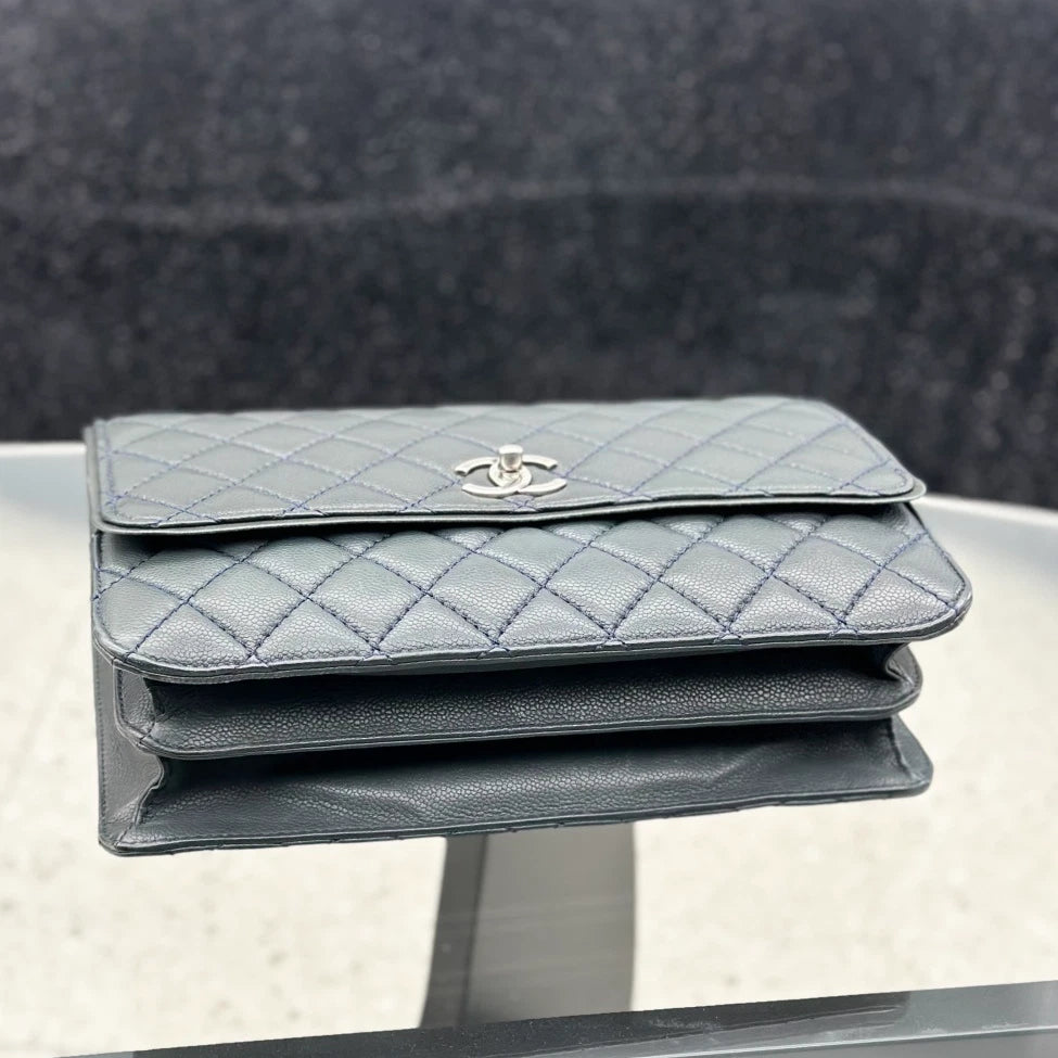 Chanel Diamond GM Calfskin Chain Shoulder Crossbody Olive Green Silver Women