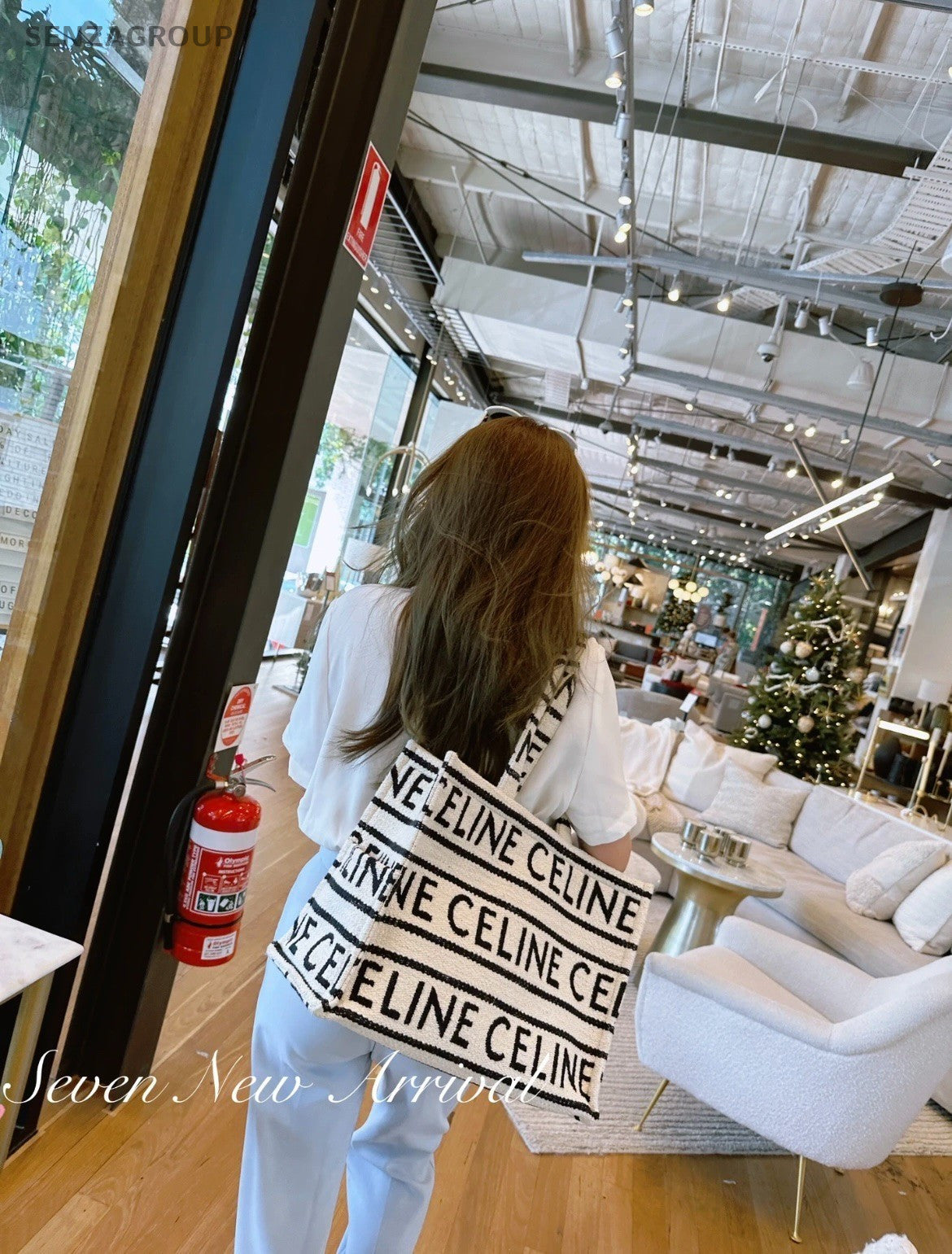 CELINE Tote Black and white letter print Canvas Shoulder Handbag Women
