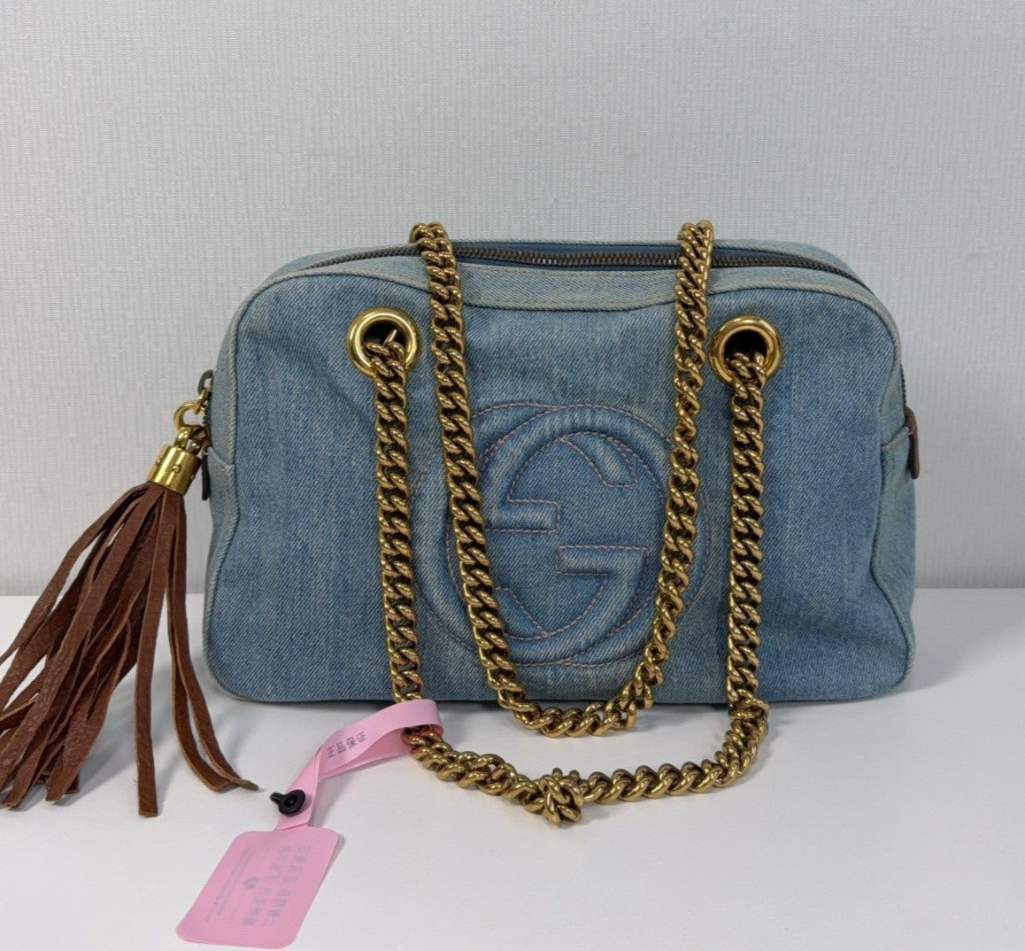Gucci Soho Tote Denim Chain Handbag Shoulder Bag Blue Gold Women Classic