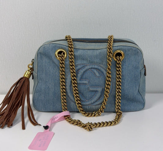 Gucci Soho Tote Denim Chain Handbag Shoulder Bag Blue Gold Women Classic