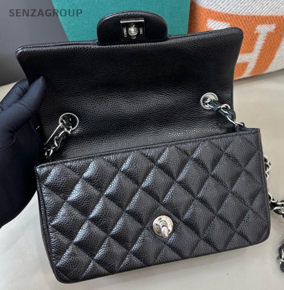 Chanel Classic Flap Chain Mini Shoulder Bag Crossbody Black Silver Diamond Women