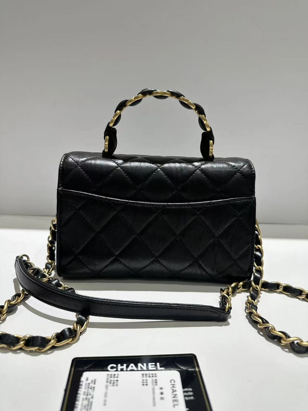 CHANEL Black Lambskin Top Handle Flap Bag For Women