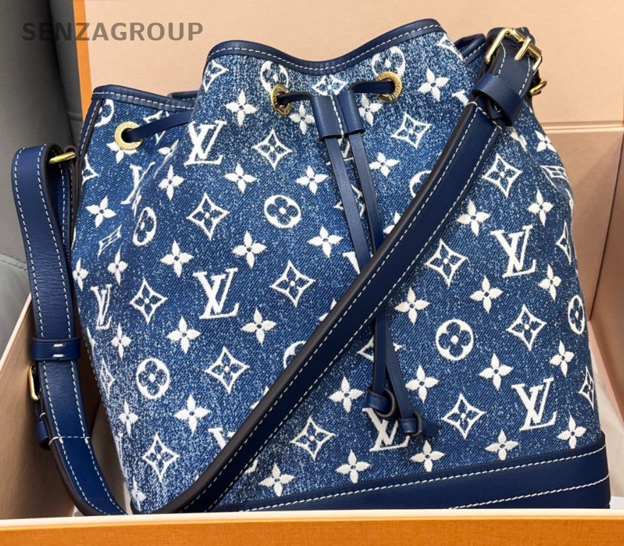 Louis Vuitton Noe Jacquard Denim Bucket Shoulder Bag Crossbody Blue Women