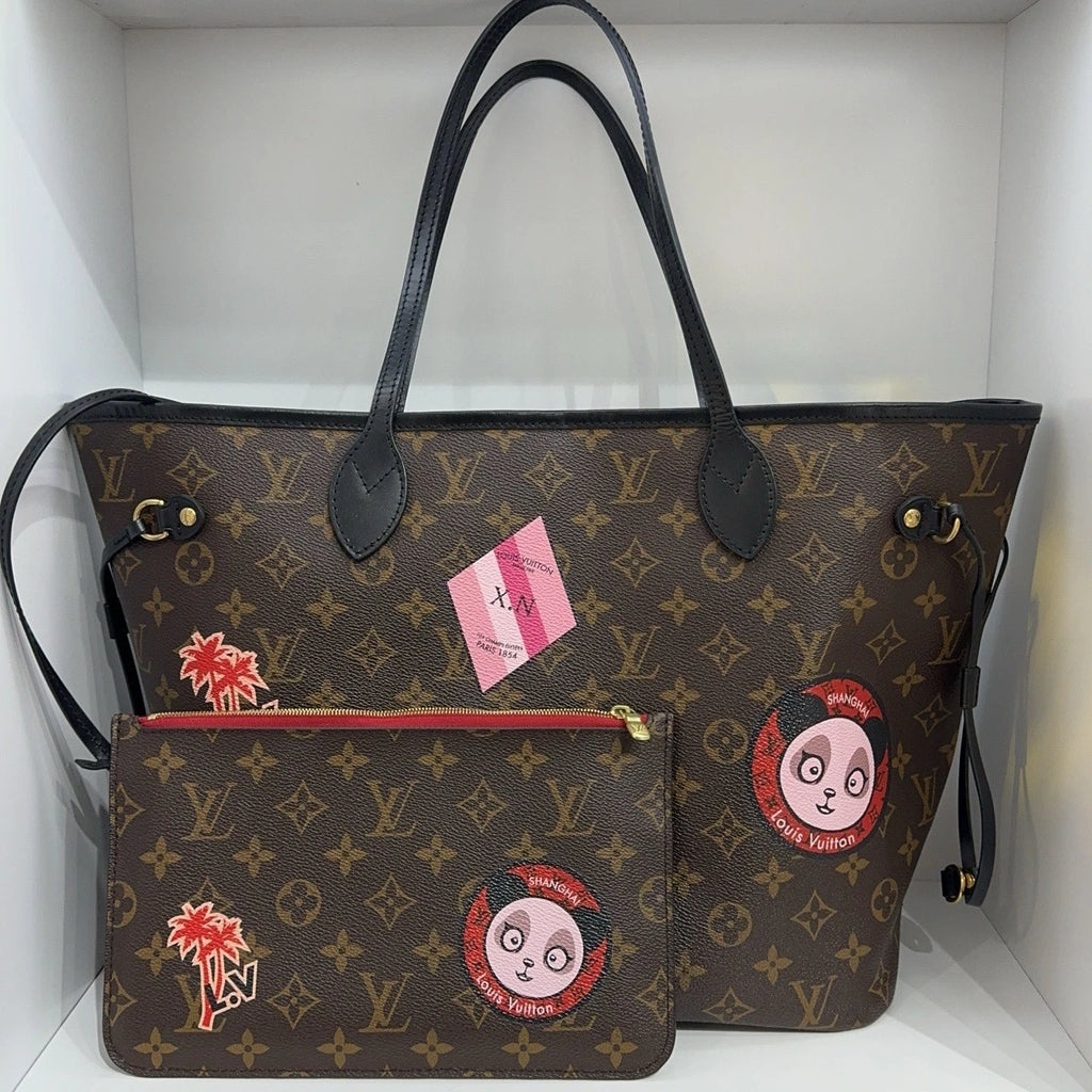Louis Vuitton Neverfull Monogram Canvas Black Leather Tote Shoulder Bag
