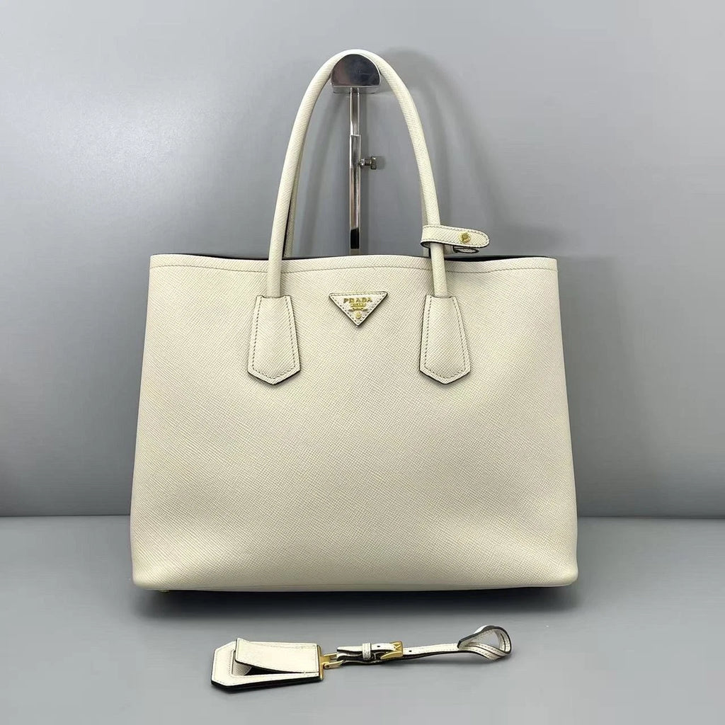 Prada Double Tote Top Handle Bag White Gold Hardware Women Classic