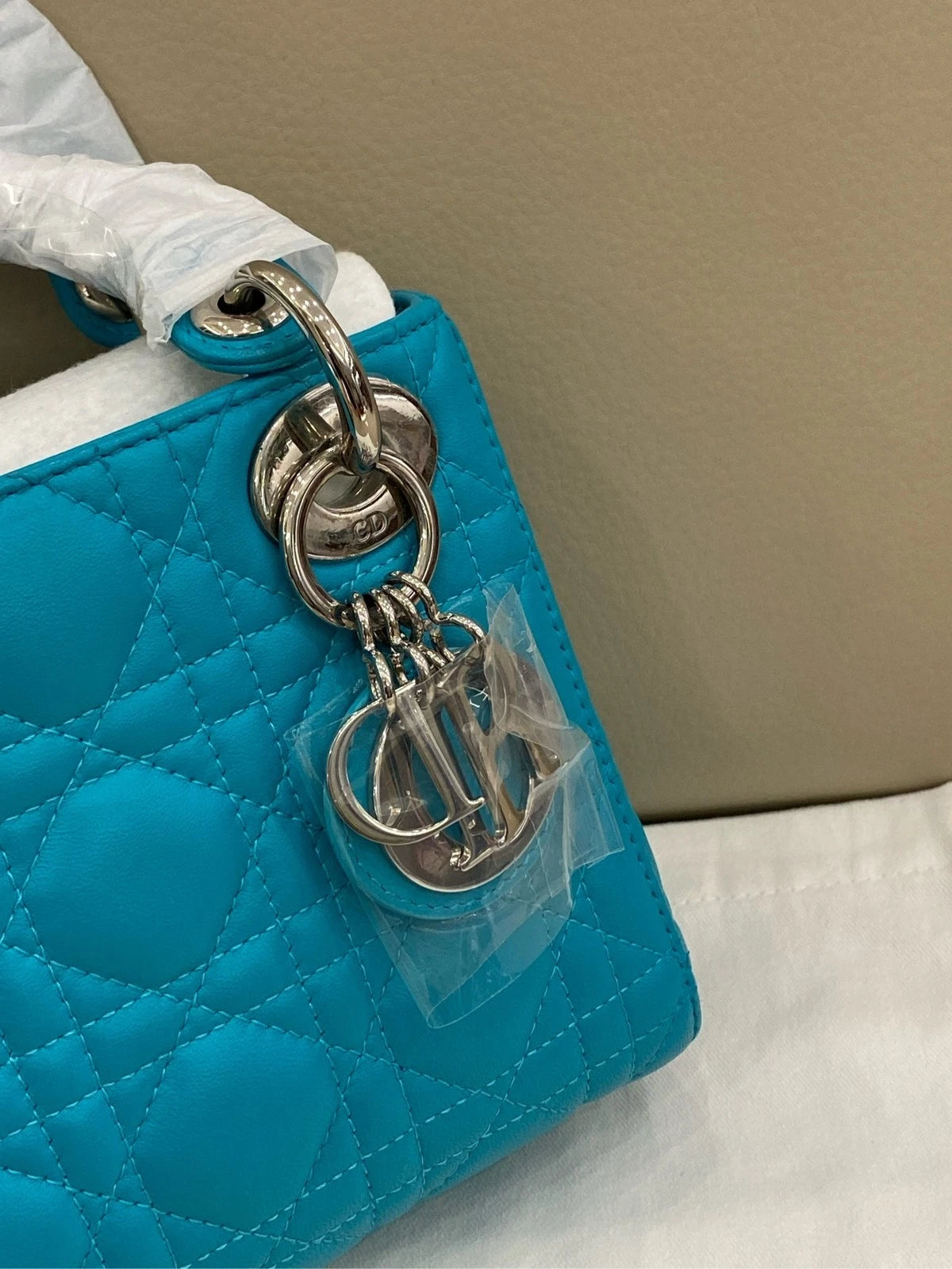 Dior Lady Dior Leather Blue Shoulder Bag Excellent