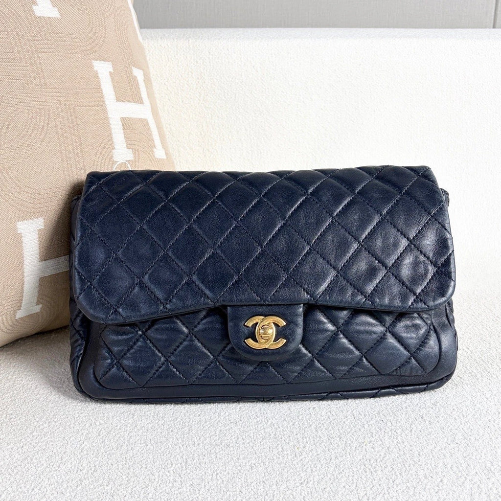 Chanel Classic Flap Chain Lambskin Shoulder Crossbody Blue Gold Women Diamond