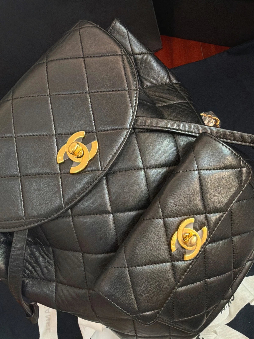 Vintage Chanel Duma Diamond Chain Black Backpack Gold Hardware