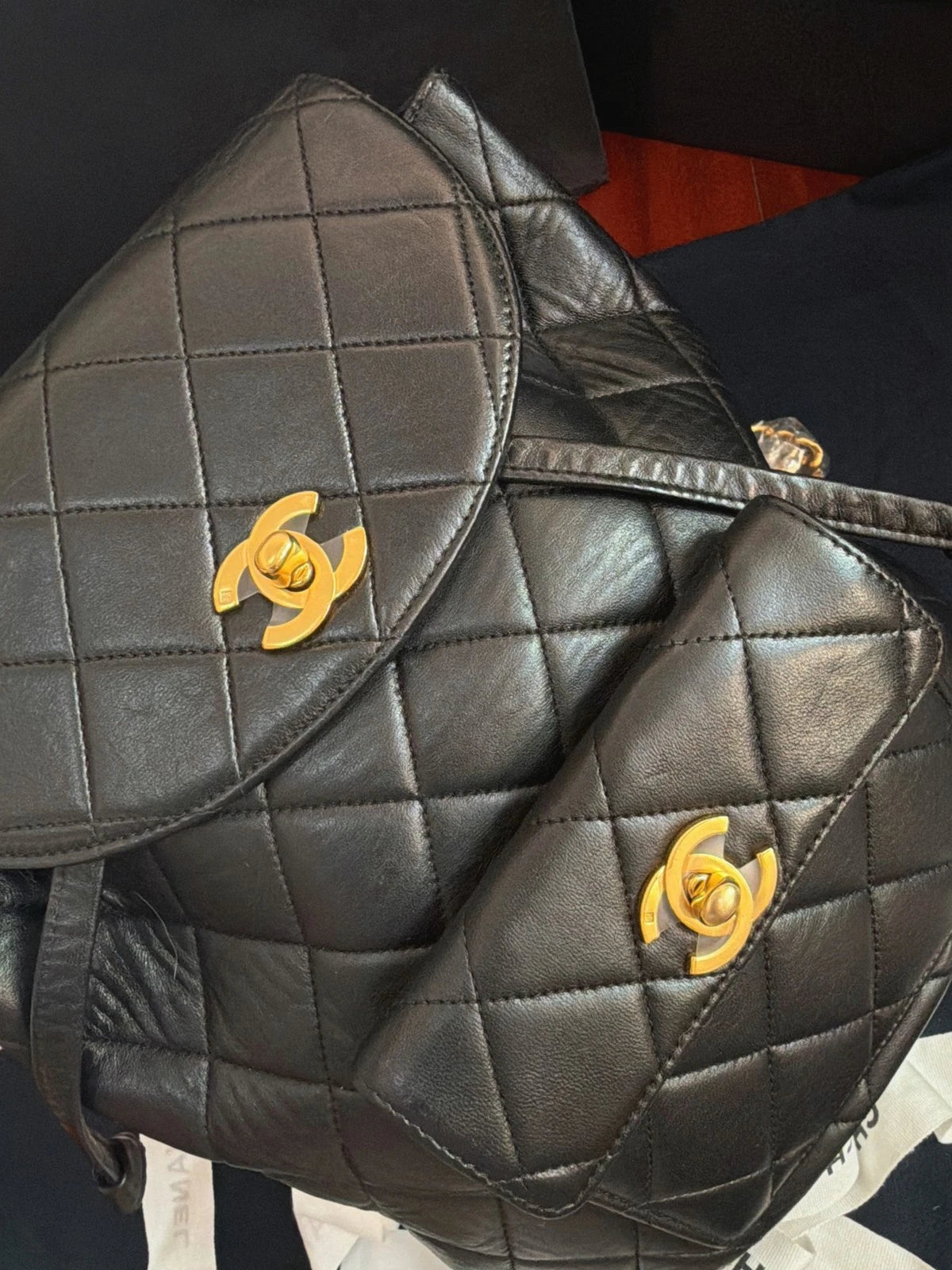 Vintage Chanel Duma Diamond Chain Black Backpack Gold Hardware