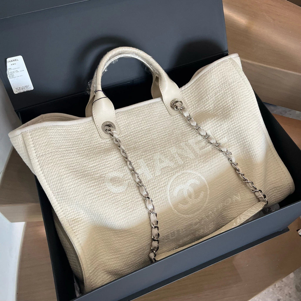 Chanel Canvas Tote Shoulder Bag Shoulder Bag White Women Classic