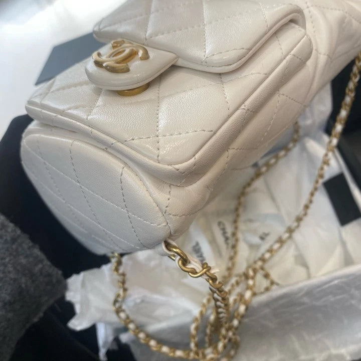 Chanel Diamond Lambskin Chain Drawstring Backpack White Gold Women Classic D