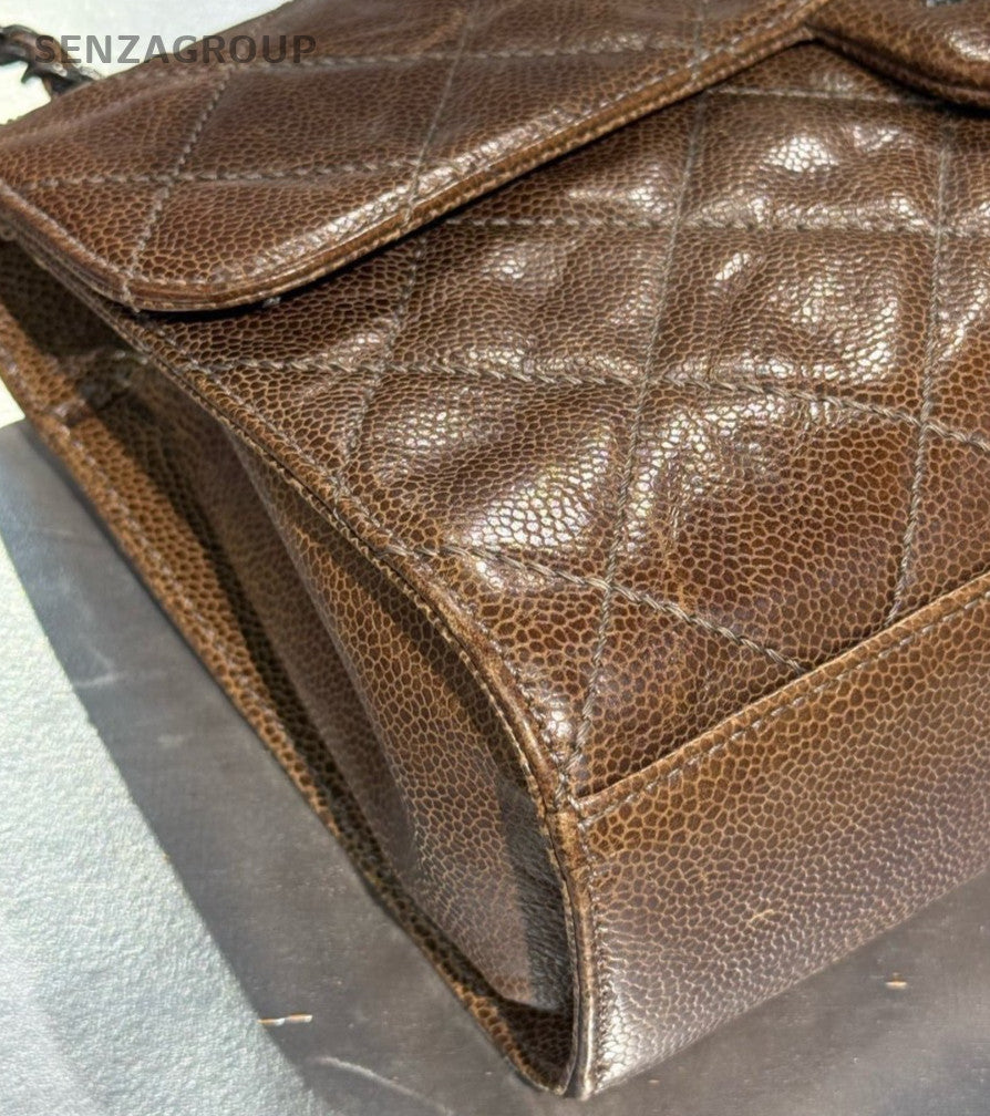 Chanel Classic Flap Calfskin PM Chain Shoulder Bag Crossbody Brown Silver Women