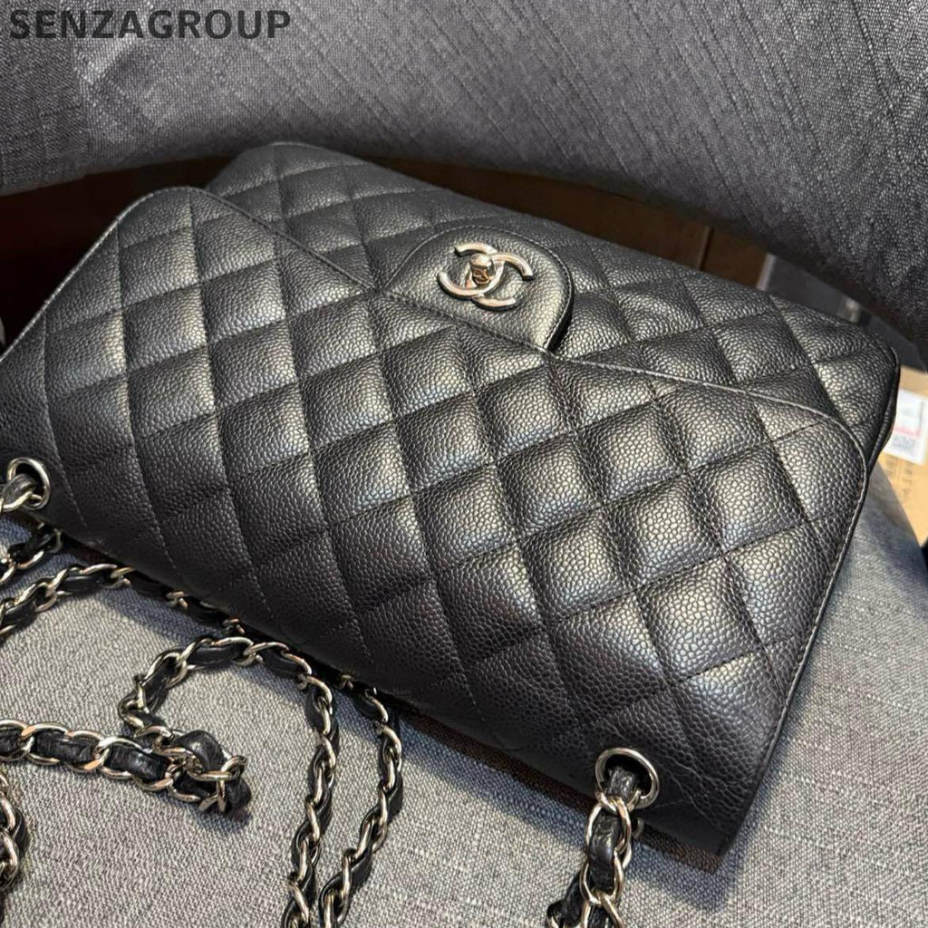Chanel Black Silver Calfskin Jumbo Classic Flap Bag Chain Shoulder Bag
