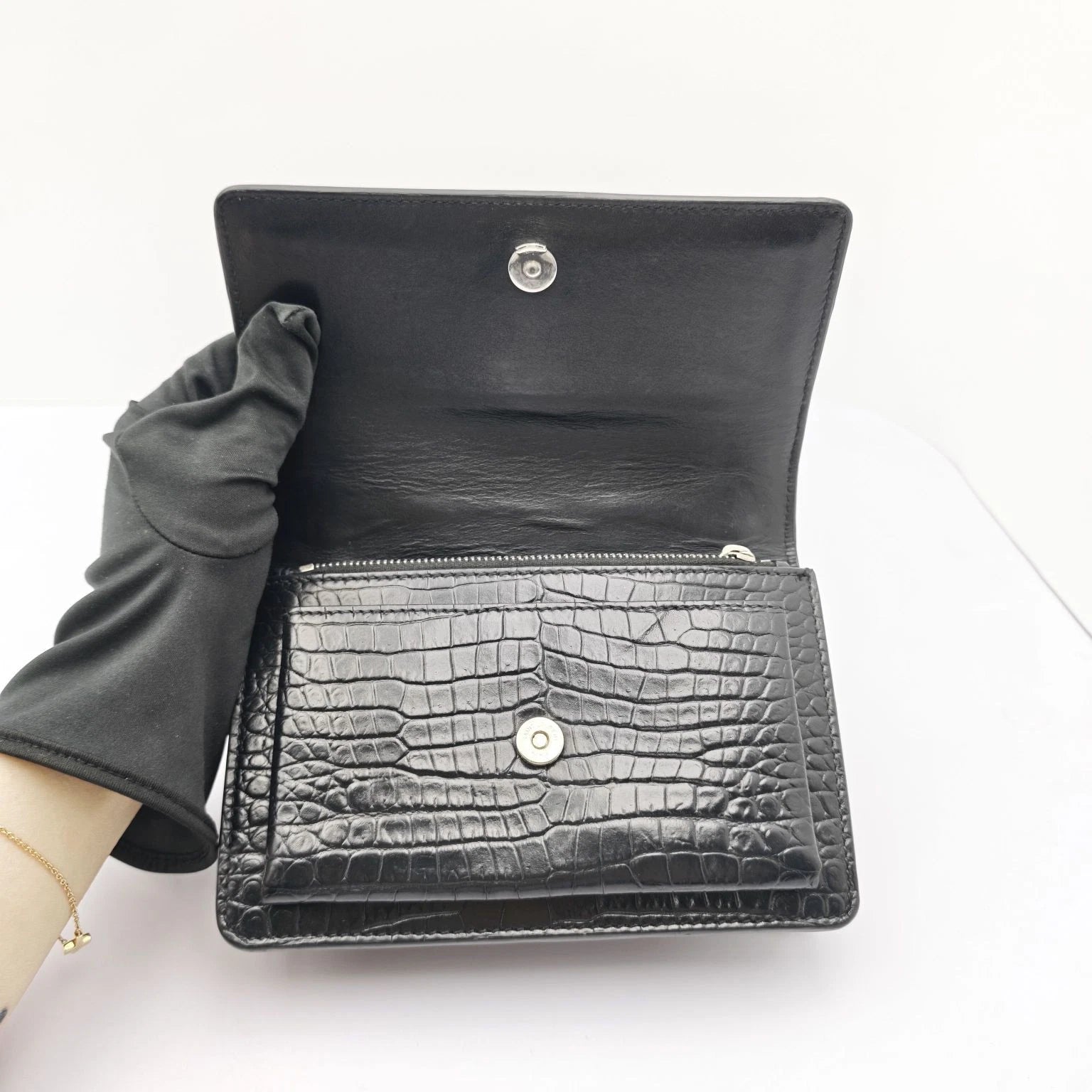 YSL Black Crocodile Embossed Mini Shoulder Crossbody Bag For Women