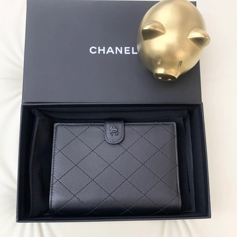 Chanel So Black Calfskin Diamond Airport Holder Black Unisex Classic S