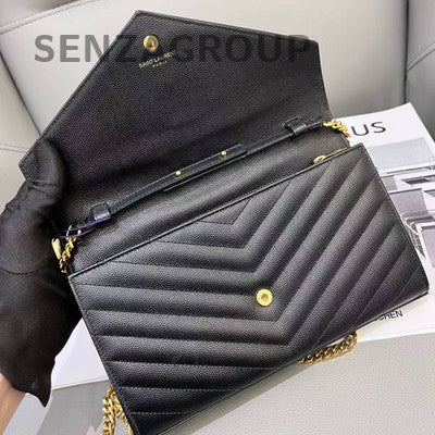 Saint Laurent YSL Caviar V-Pattern Leather Shoulder Crossbody Bag Black Gold