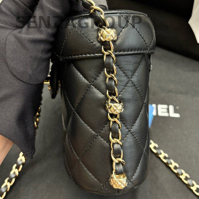 Chanel Black Gold Buckle Round Bucket Bag Chain Crossbody Classic Women