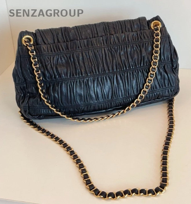 PRADA XXL Hobo Wrinkled patterns Chain Shoulder bag Black Gold Women