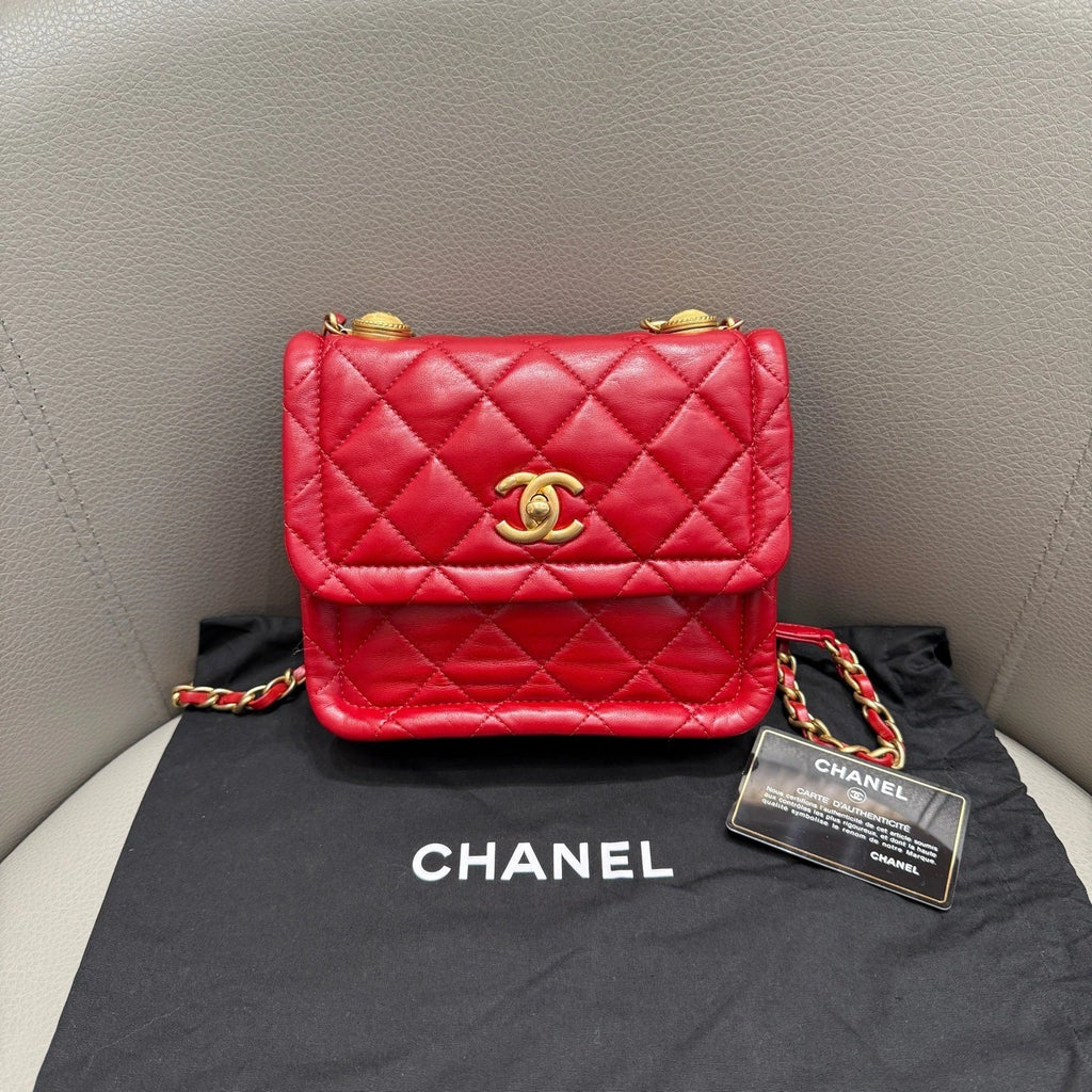 CHANEL Red Gold Button Lambskin Square Crossbody Bag For Women