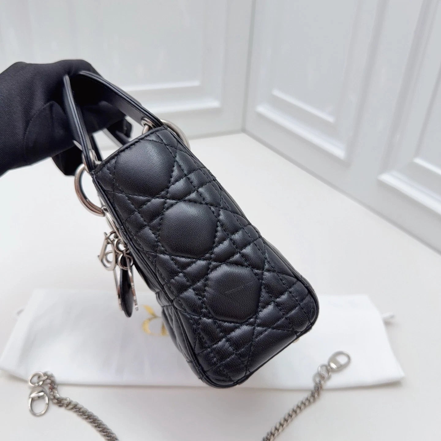 Christian Dior Lady Dior Lambskin Black Handbag Chain Crossbody Silver Hardware