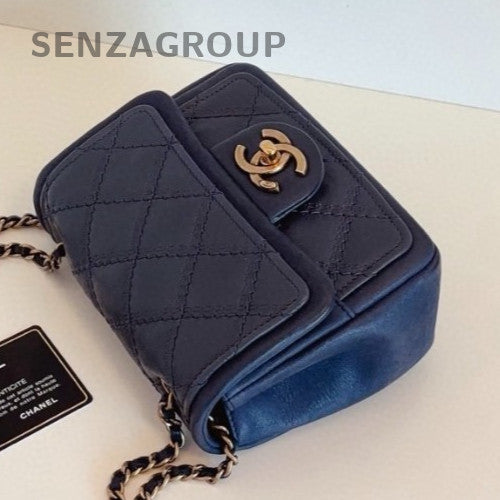 Chanel Classic Flap Chain Shoulder Bag Crossbody Blue Gold Used Women Fashion