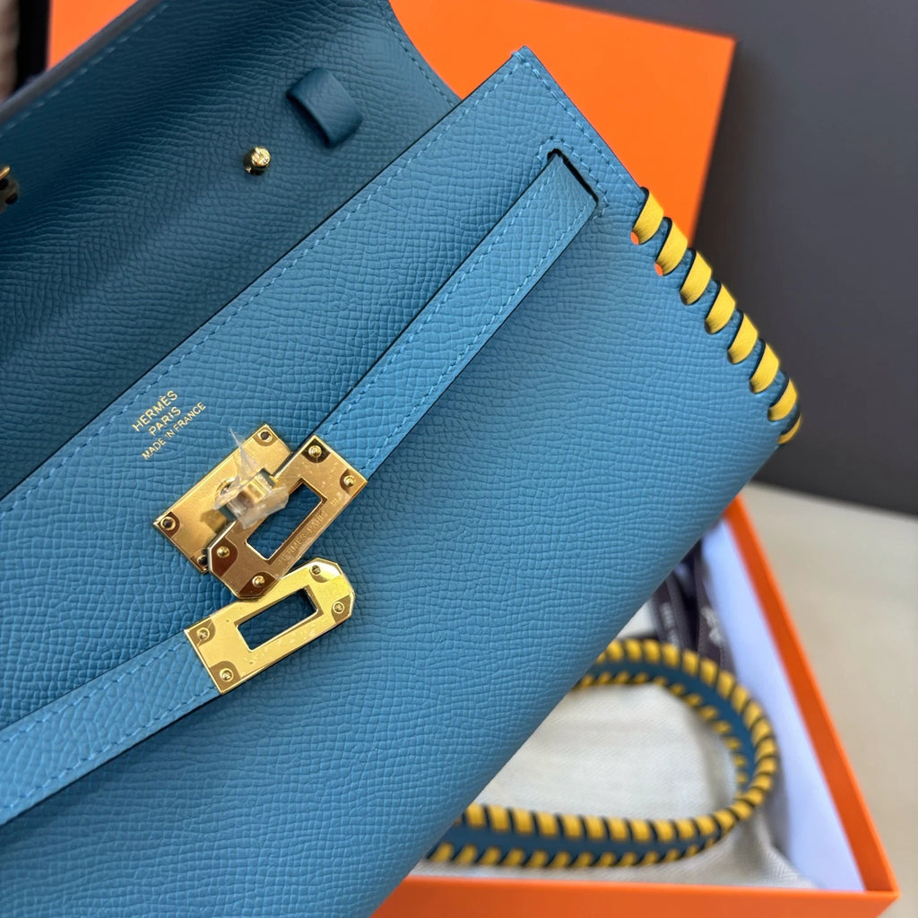 New Hermes Kelly To Go Tressage 2Way Blue Clutch Crossbody Gold Hardware