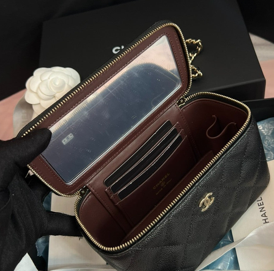 Chanel Vanity Case Chain Crossbody Black Gold Diamond Women Classic