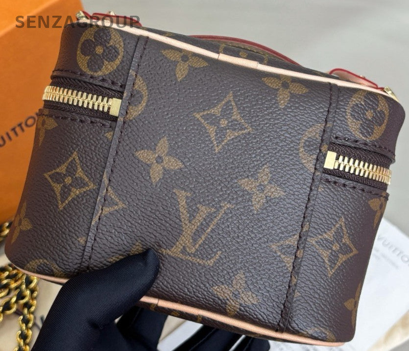 Louis Vuitton Monogram Nice Nano Top Handle Bag Chain Crossbody Brown Women