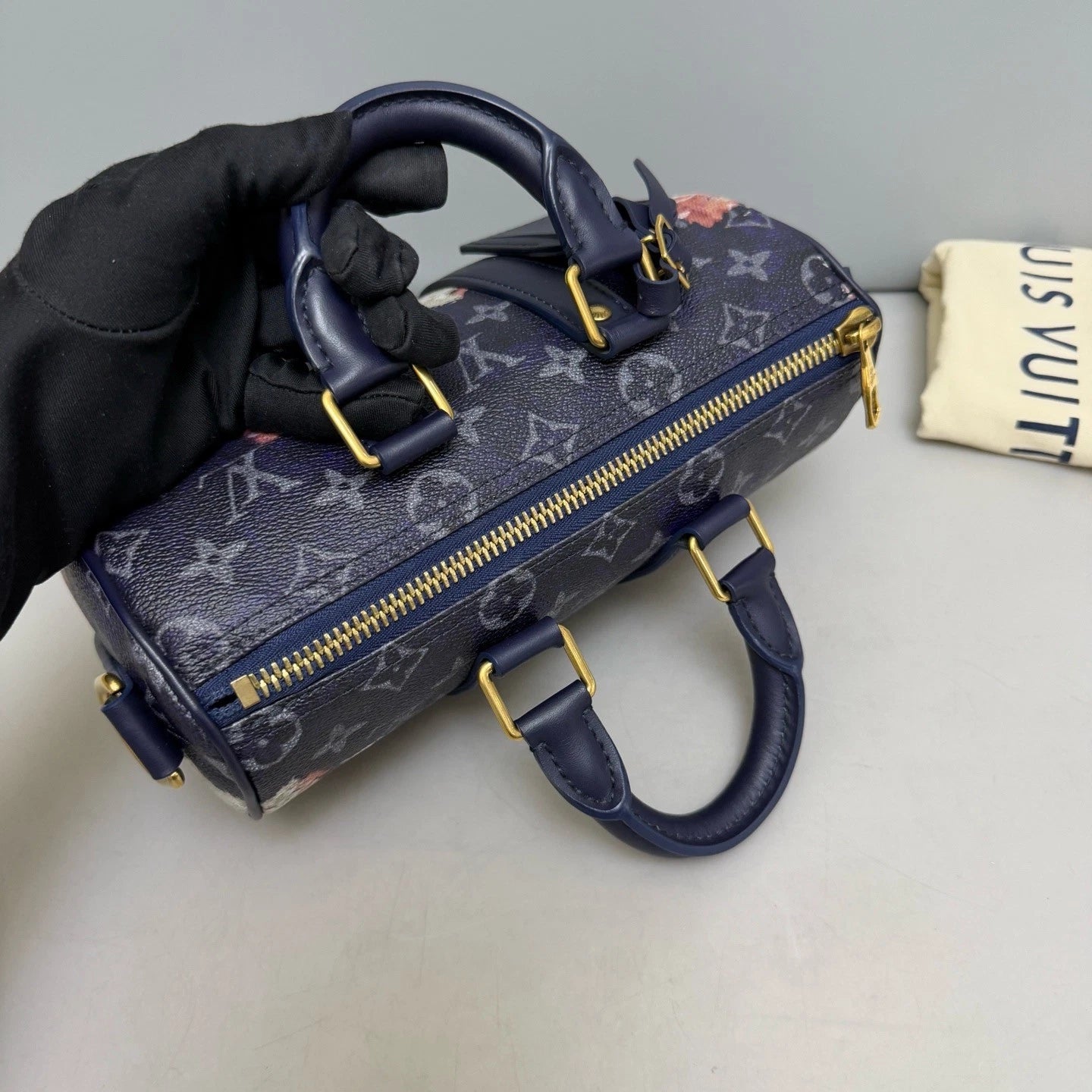 Louis Vuitton Keepall 25 Blue Gold 2Way Crossbody Top Handle Bag Women Classic