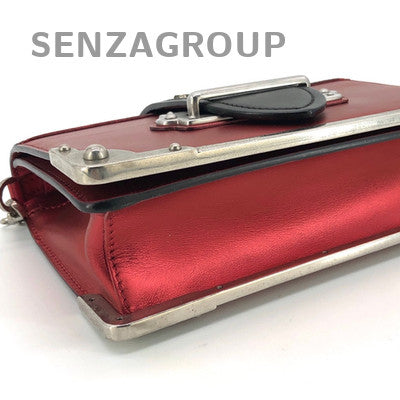 Prada Cahier Red Silver Buckle Leather Chain Crossbody Bag Classic Women