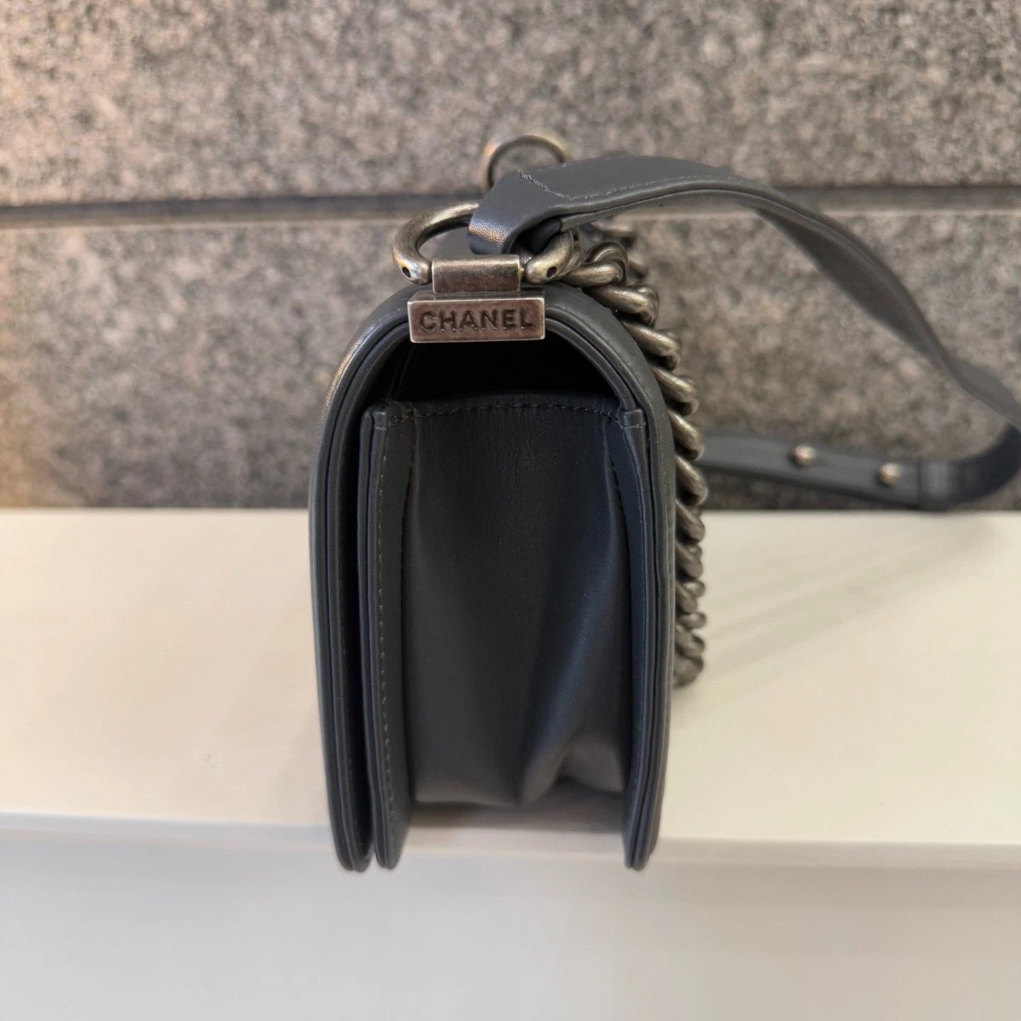 CHANEL Gray Calfskin Chevron LeBoy Small Shoulder Bag For Women