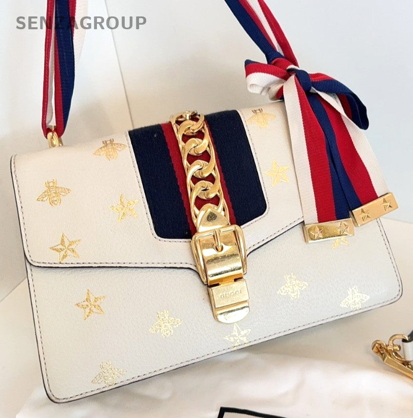 GUCCI Sylvie Bee Medium White Gold 2WAY Shoulder bag Women