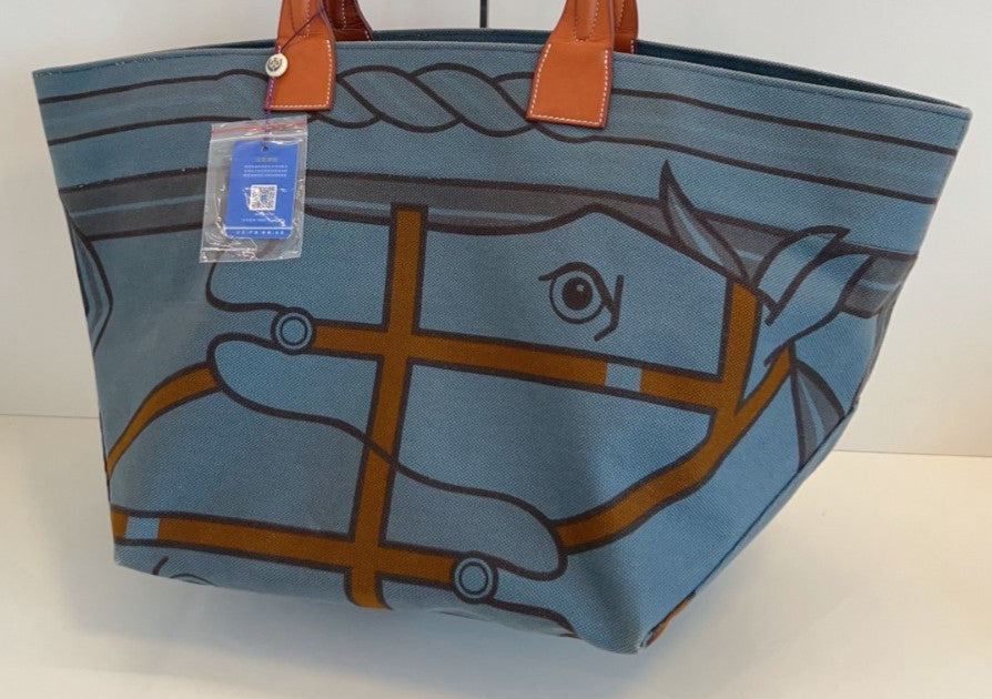 Hermes Steeple Canvas Handbag Blue Used Women Designer Classic