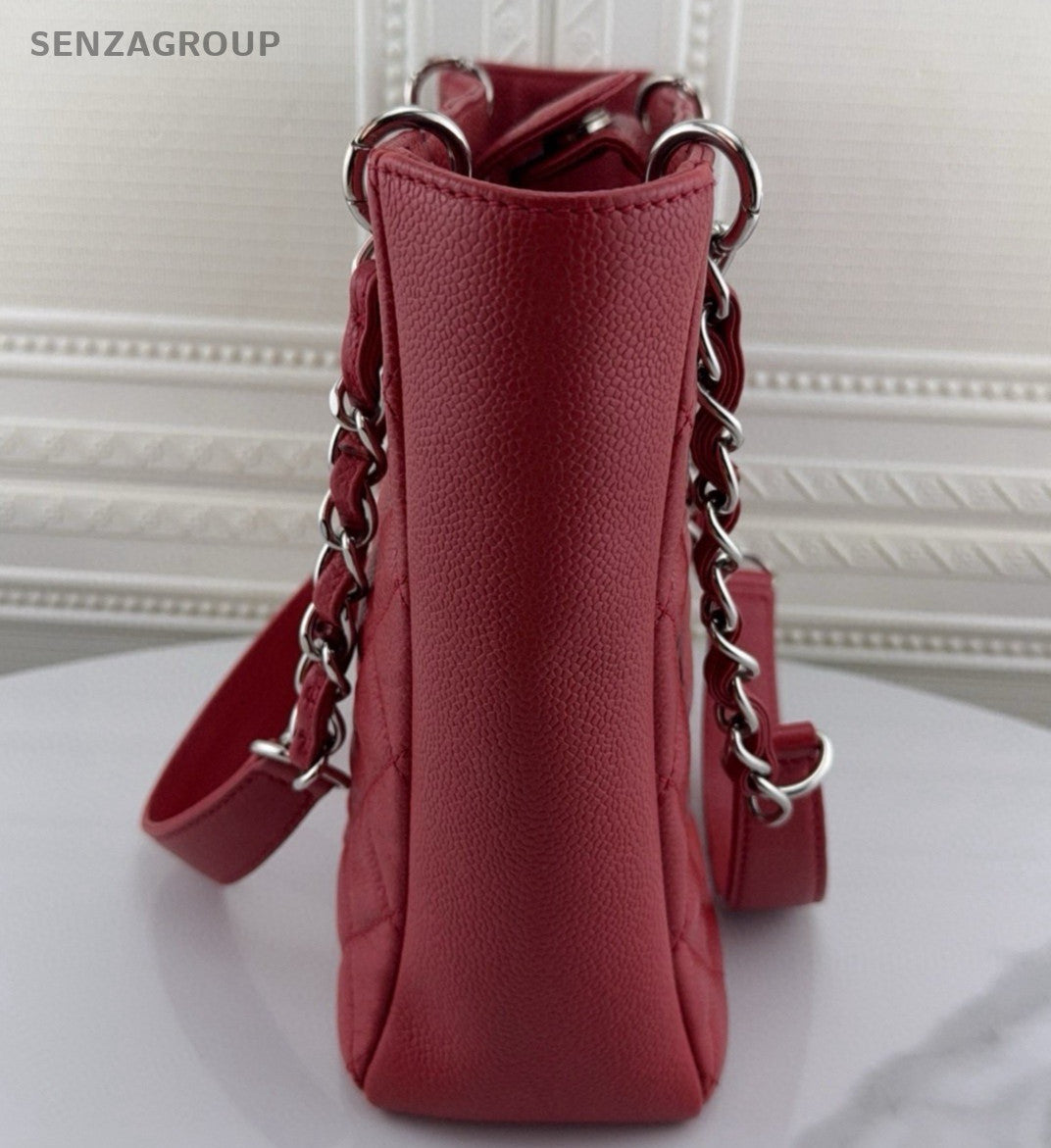 Chanel PST 12A Chain Calfskin Shoulder Bag Red Silver Diamond Women Classic
