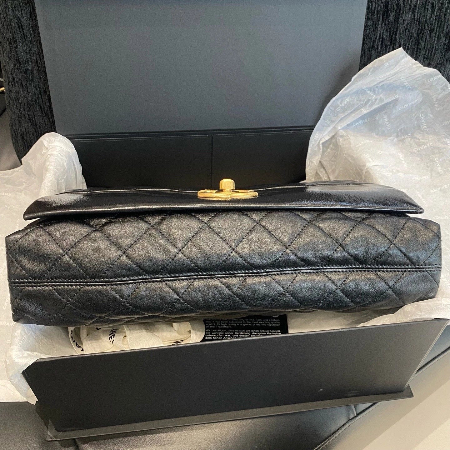 Chanel Calfskin Diamond Chain Shoulder Bag Black Gold Used Women Classic