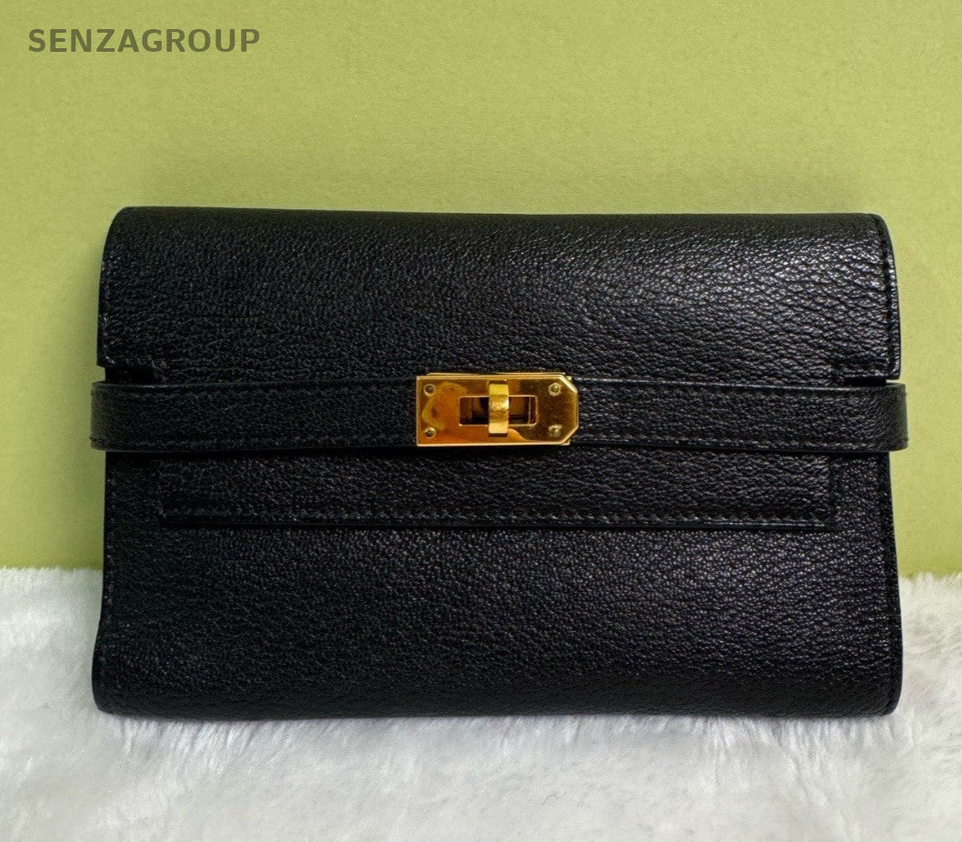 Hermes Kelly Long Wallet Classic Clutch Black Gold Used Women Fashion