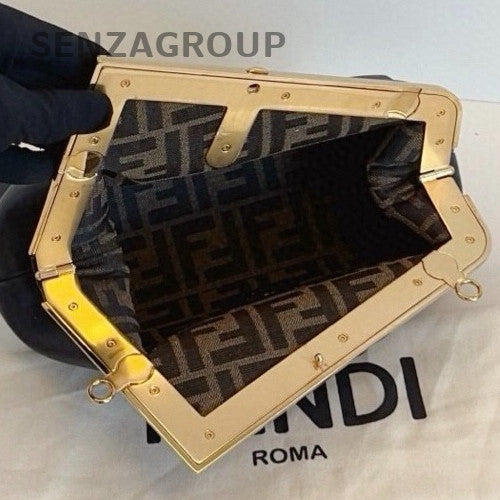 Fendi First Bag PM Black Gold Clutch Crossbody Women Classic Design Fashion