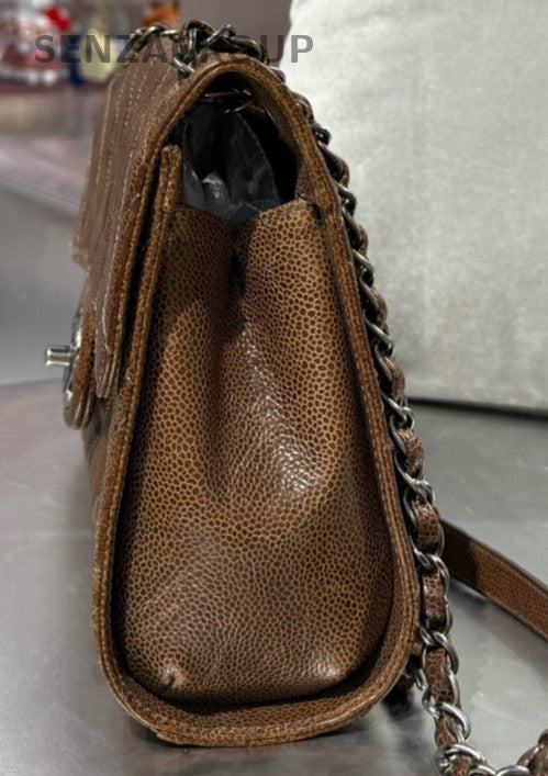 Chanel Classic Flap PM Calfskin Chain Shoulder Bag Crossbody Brown Silver Women