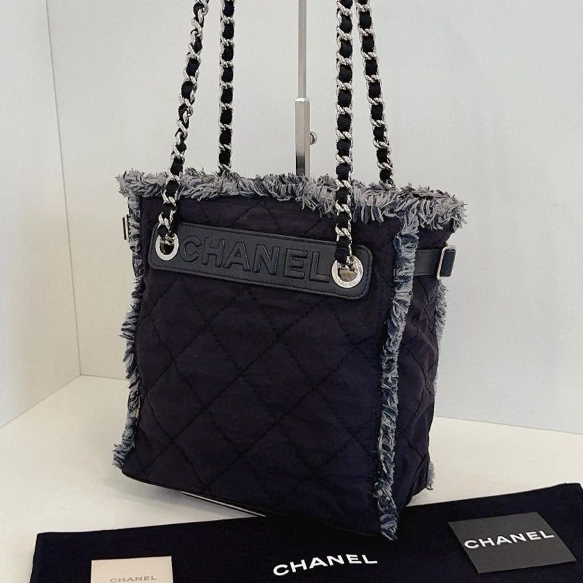 Chanel Deauville PM Chain Shoulder Bag Black Silver Women Classic