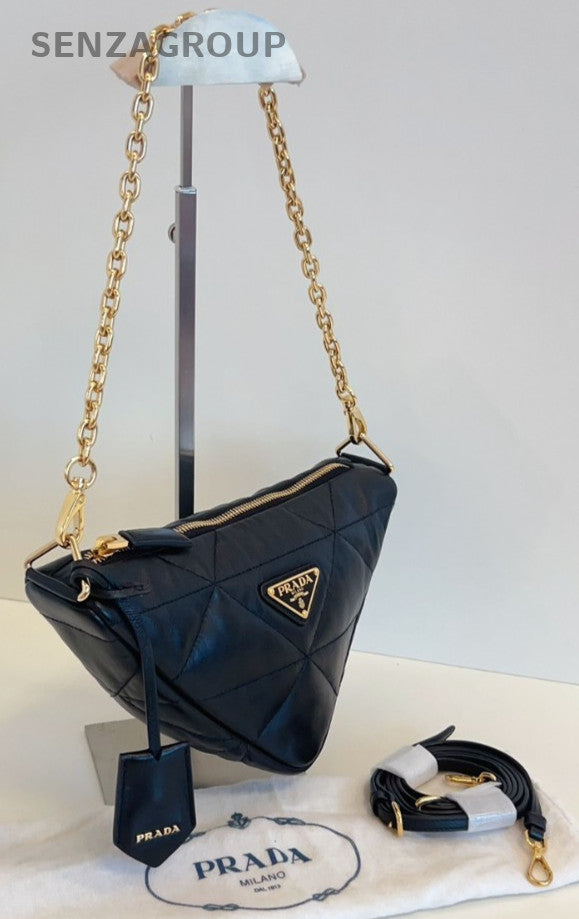 PRADA Puff Diamond pattern All Leather Chain 2way Shoulder Handbag Women black